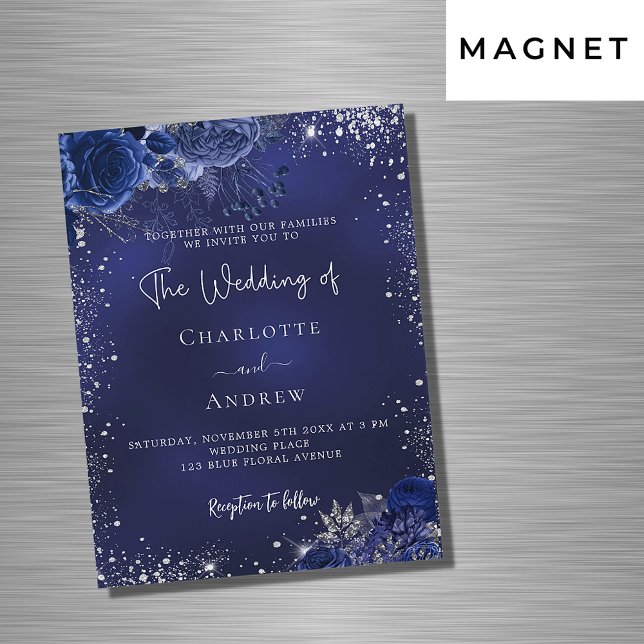 Navy blue silver flowers script luxury wedding magnetic invitation (Creator Uploaded)