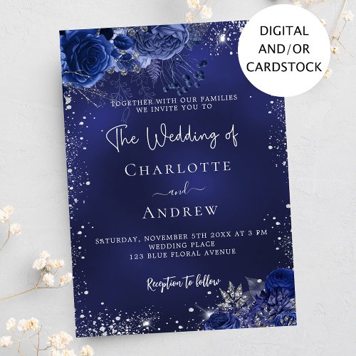 Navy blue silver flowers script wedding invitation