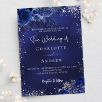 Navy blue silver flowers script wedding