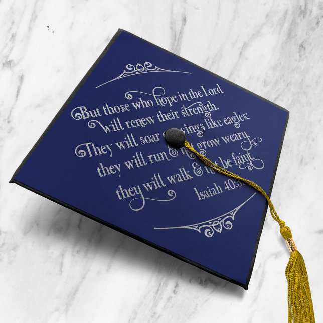 Navy Blue Silver Foil Christian Isaiah 40 Graduation Cap Topper (Creator Uploaded)