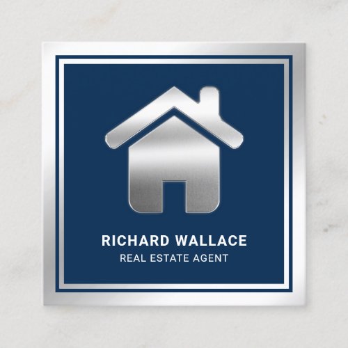 Navy Blue Silver Foil Home Logo Real Estate Agent Square Business Card