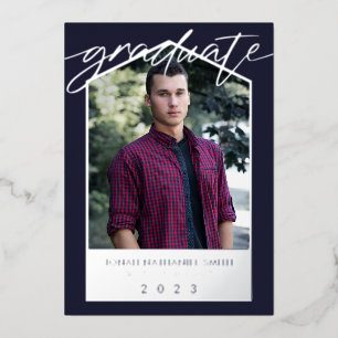 Navy Blue Silver Foil Photo Graduate Invitation