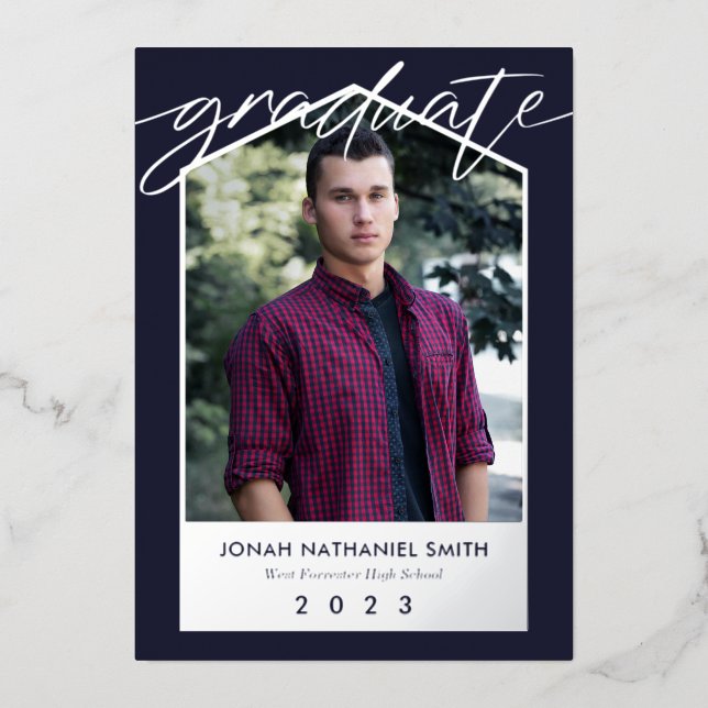 Navy Blue Silver Foil Photo Graduate Invitation (Front)