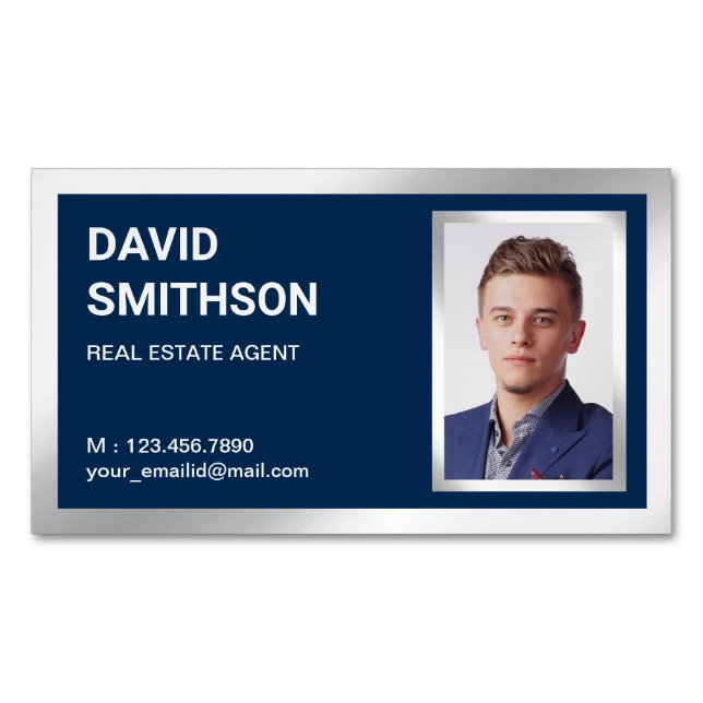 Navy Blue Silver Foil Real Estate Realtor Photo Business Card Magnet (Front)