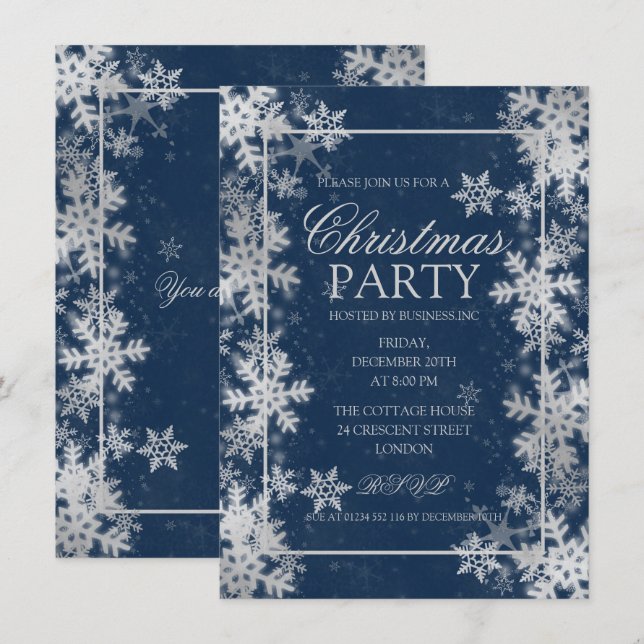 Navy Blue Silver Foil Snowflakes Christmas Party Invitation (Front/Back)