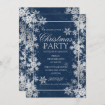 Navy Blue Silver Foil Snowflakes Christmas Party Invitation