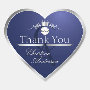 Navy Blue Silver Frame Logo and Monogram Thank You Heart Sticker