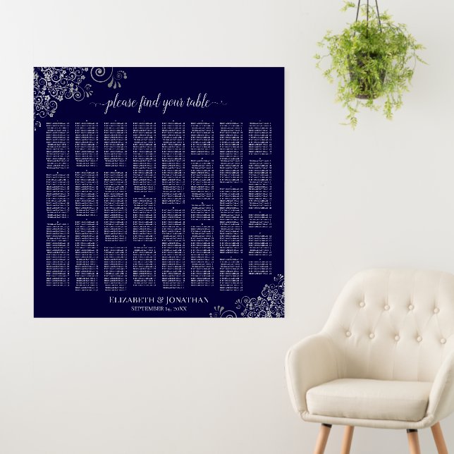 Navy Blue Silver Frills Alphabetical Seating Chart Foam Board (In Situ (Wall))