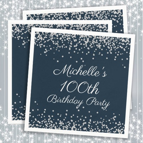 Navy Blue Silver Glitter 100th Birthday Party Napkins