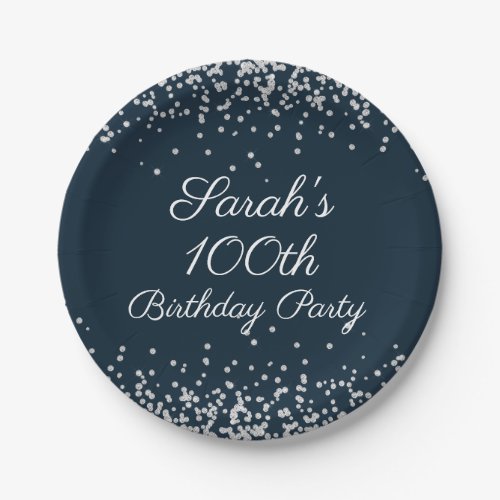 Navy Blue Silver Glitter 100th Birthday Party Paper Plates