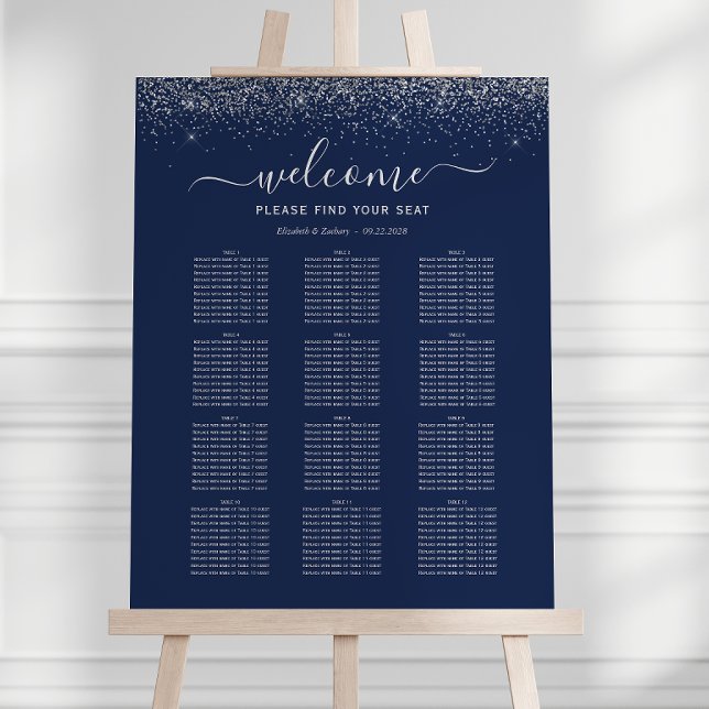 Navy Blue Silver Glitter 12-Table Wedding Seating Foam Board (Creator Uploaded)