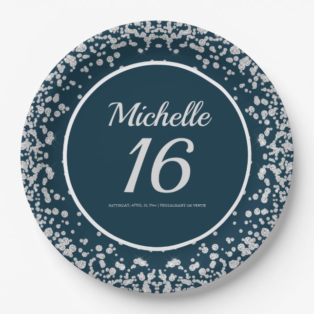 Navy Blue Silver Glitter 16th Birthday Paper Plates (Front)