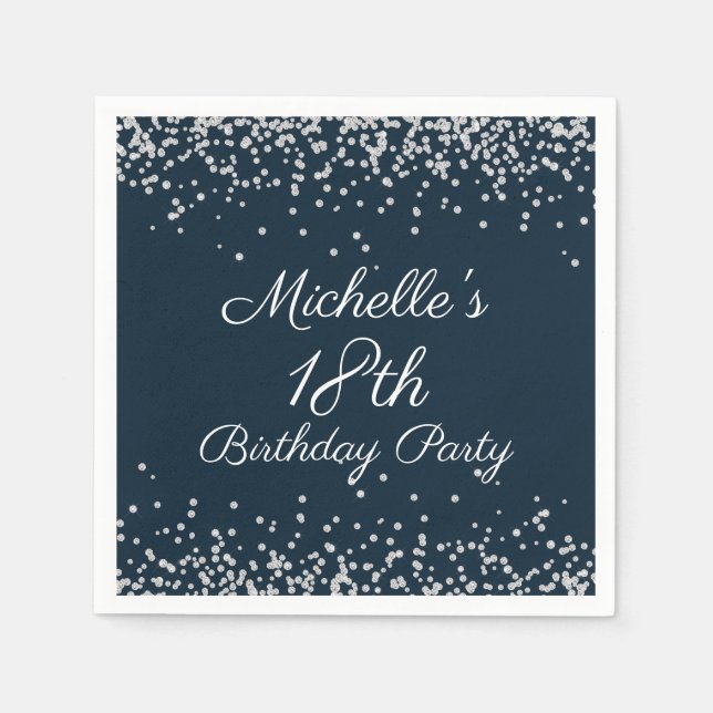 Navy Blue Silver Glitter 18th Birthday Party Napkins (Front)