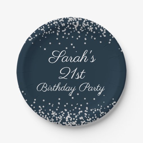 Navy Blue Silver Glitter 21st Birthday Party Paper Plates