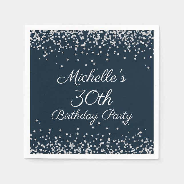 Navy Blue Silver Glitter 30th Birthday Party Napkins (Front)