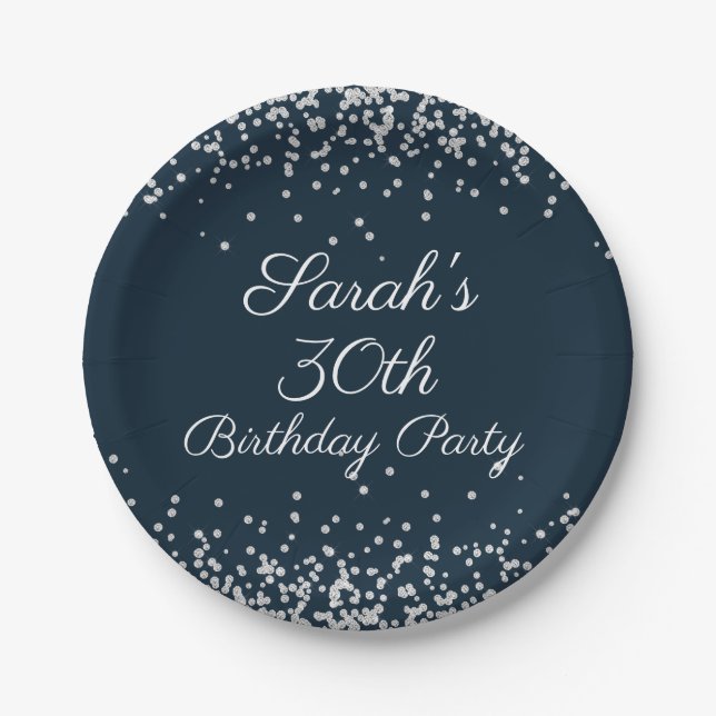 Navy Blue Silver Glitter 30th Birthday Party Paper Plates (Front)