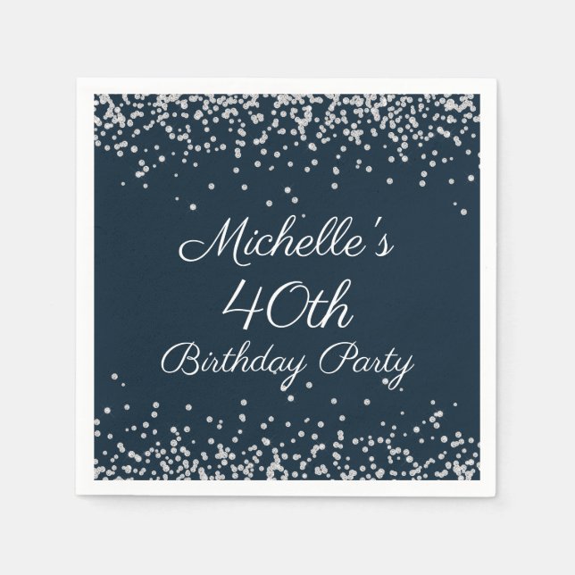 Navy Blue Silver Glitter 40th Birthday Party Napkins (Front)