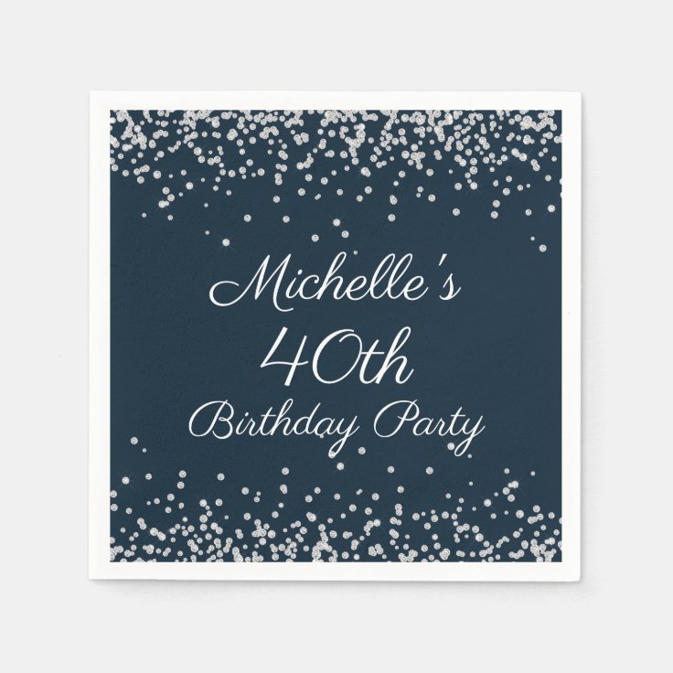 Navy Blue Silver Glitter 40th Birthday Party Napkins Zazzle