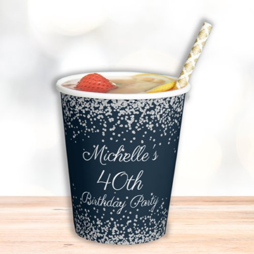 Navy Blue Silver Glitter 40th Birthday Party Paper Cups