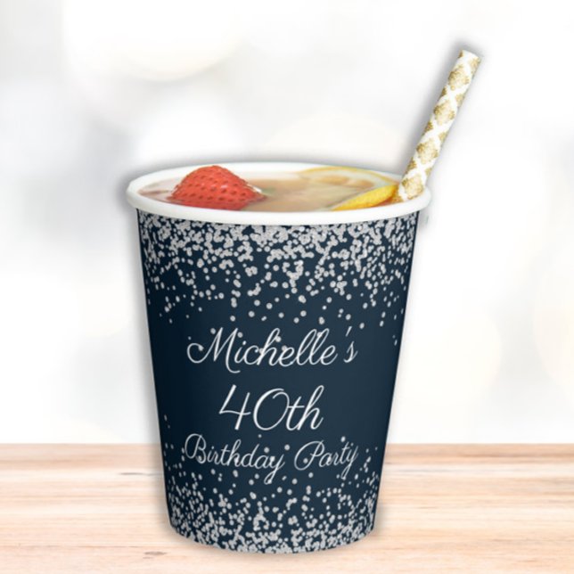 Navy Blue Silver Glitter 40th Birthday Party Paper Cups (Navy blue and silver glitter 40th birthday party paper cups personalized with your own text.)