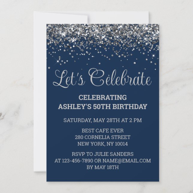 Navy Blue & Silver Glitter 50th Birthday Party Invitation (Front)