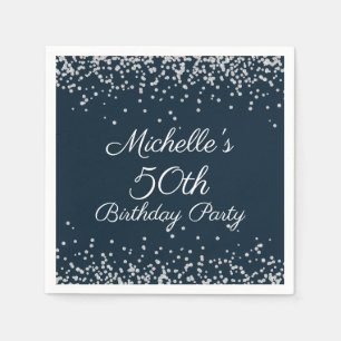 Navy Blue Silver Glitter 50th Birthday Party Napkins