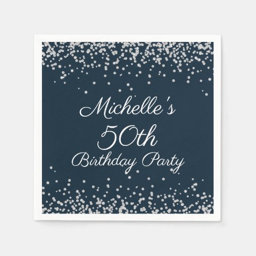 Navy Blue Silver Glitter 50th Birthday Party Napkins