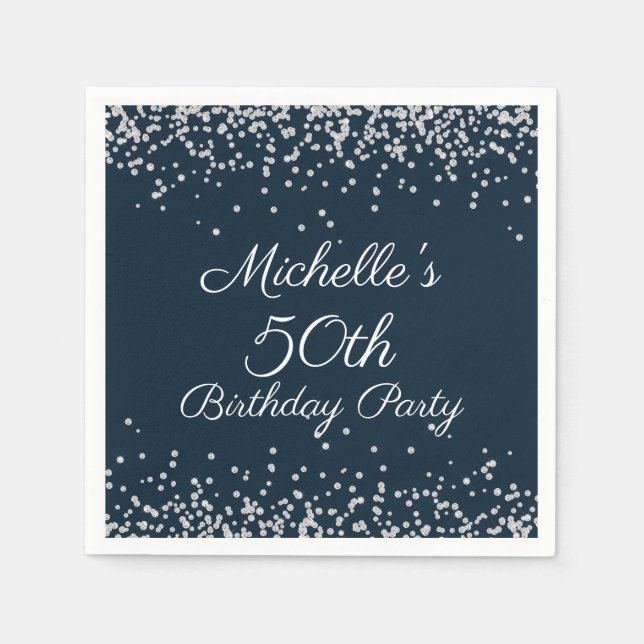 Navy Blue Silver Glitter 50th Birthday Party Napkins (Front)