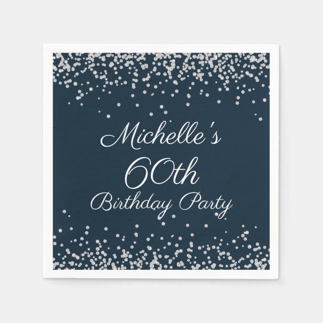Navy Blue Silver Glitter 60th Birthday Party Napkins (Front)
