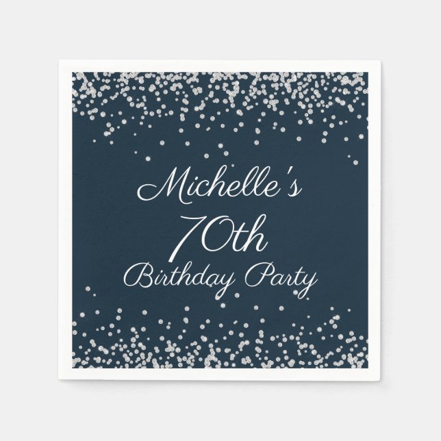 Navy Blue Silver Glitter 70th Birthday Party Napkins (Front)