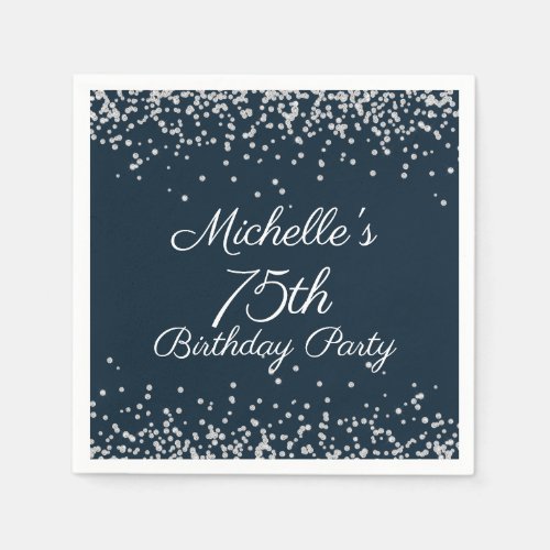 Navy Blue Silver Glitter 75th Birthday Party Napkins