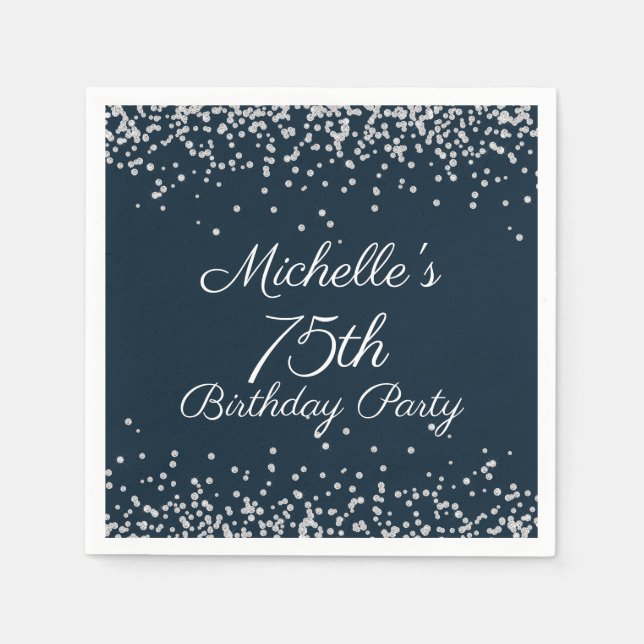 Navy Blue Silver Glitter 75th Birthday Party Napkins (Front)