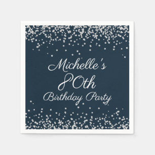 Navy Blue Silver Glitter 80th Birthday Party Napkins