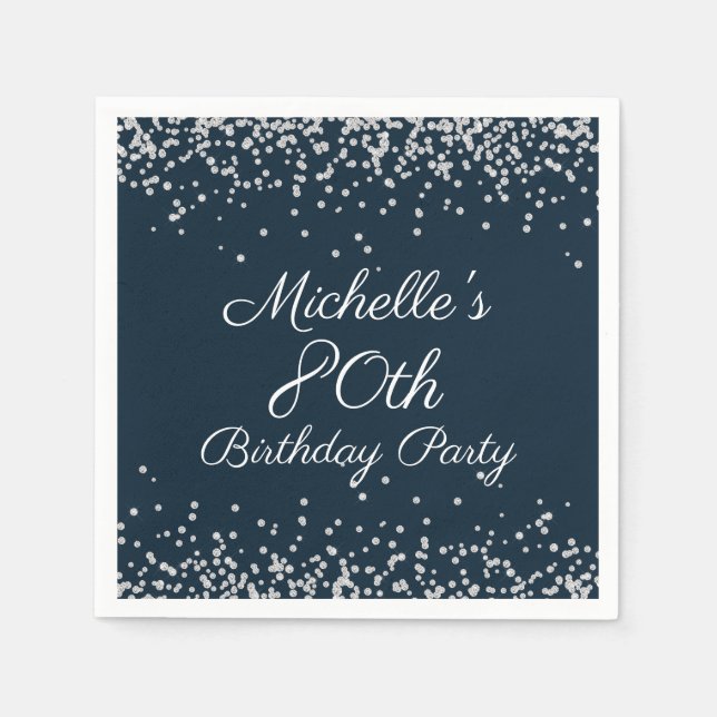 Navy Blue Silver Glitter 80th Birthday Party Napkins (Front)