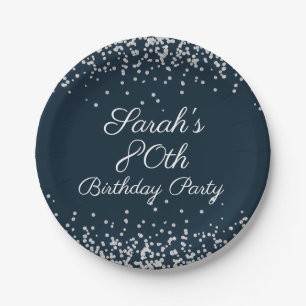 Navy Blue Silver Glitter 80th Birthday Party Paper Plates