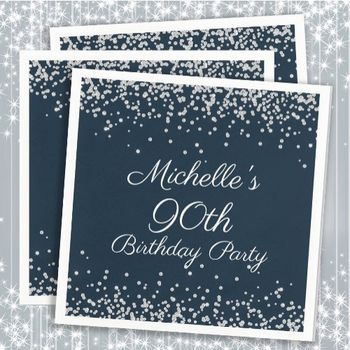 Navy Blue Silver Glitter 90th Birthday Party Napkins