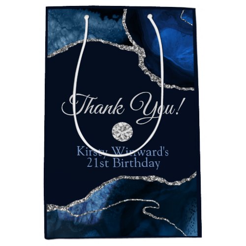 Navy Blue Silver Glitter Agate Birthday Thank You Medium Gift Bag