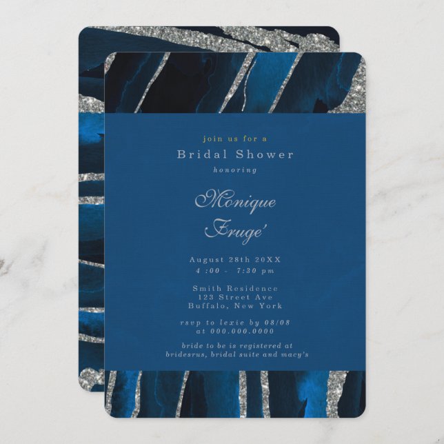 Navy Blue & Silver Glitter Agate Bridal Shower  Invitation (Front/Back)
