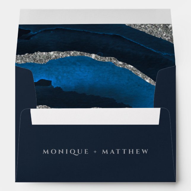 Navy Blue & Silver Glitter Agate Custom Wedding Envelope (Back (Bottom))