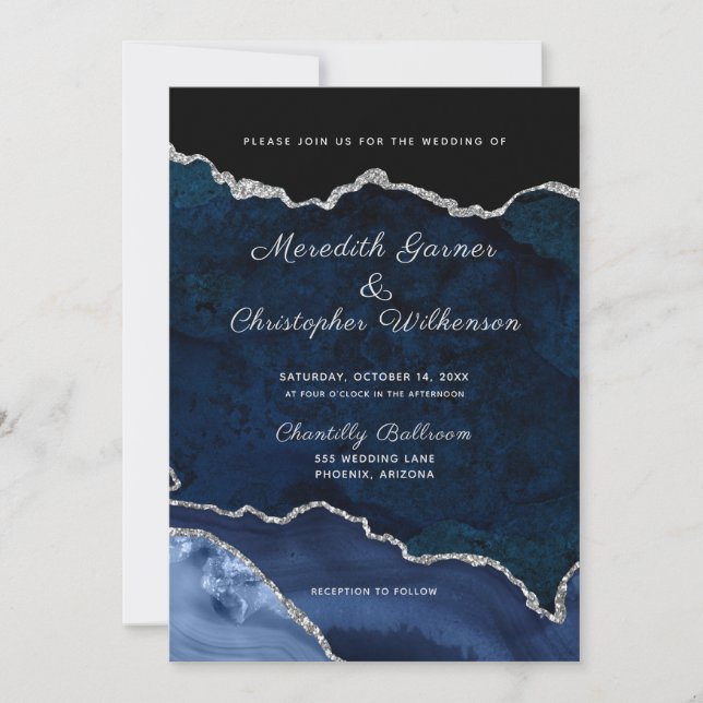 Navy Blue Silver Glitter Agate Geode Wedding Invitation (Front)