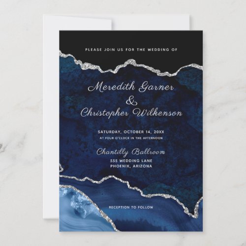 Navy Blue Silver Glitter Agate Geode Wedding Invitation