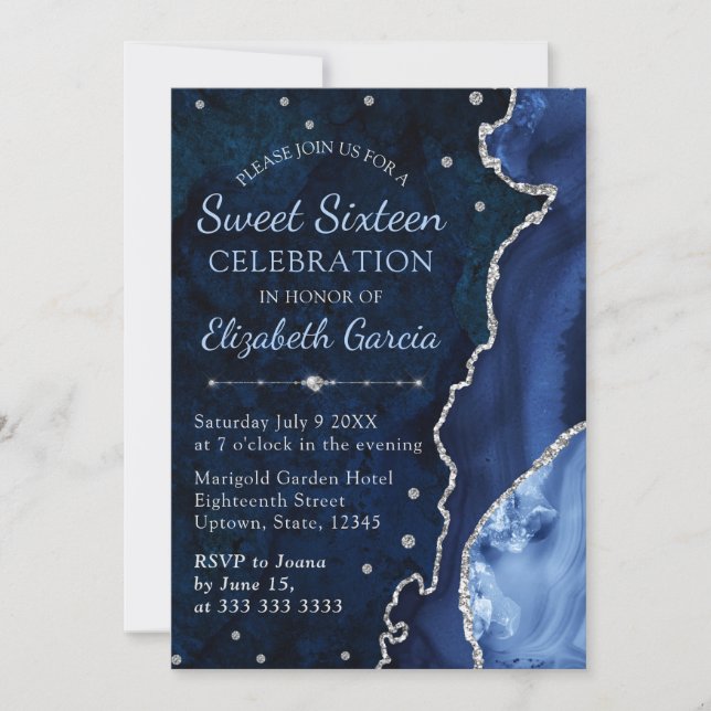 Navy Blue & Silver Glitter Agate marble Sweet 16 Invitation (Front)