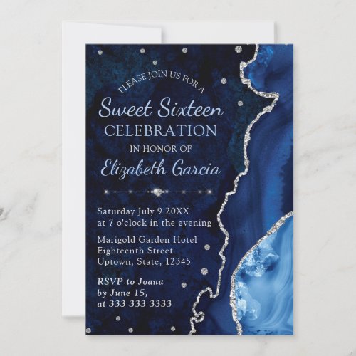 Navy Blue  Silver Glitter Agate marble Sweet 16 Invitation