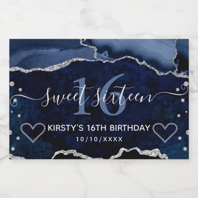 Navy Blue & Silver Glitter Agate Marble Sweet 16 Sparkling Wine Label (Single Label)