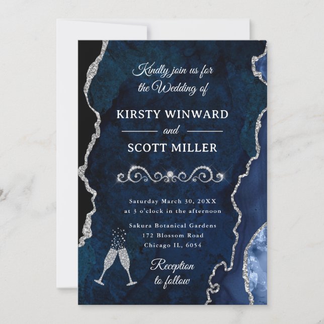 Navy Blue & Silver Glitter Agate & Marble Wedding Invitation (Front)