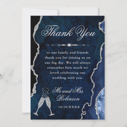 Navy Blue  Silver Glitter Agate  Marble Wedding Thank You Card