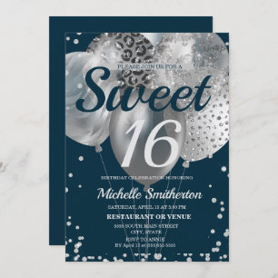 Navy Blue Silver Glitter Balloon Sweet 16 Birthday Card