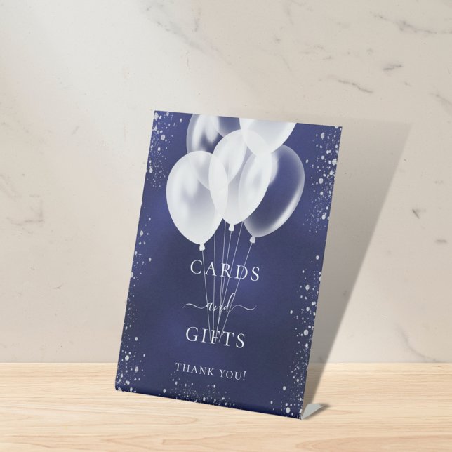 Navy blue silver glitter balloons cards gifts pedestal sign (Creator Uploaded)