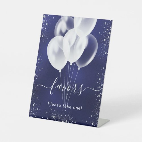 Navy blue silver glitter balloons favors guest pedestal sign