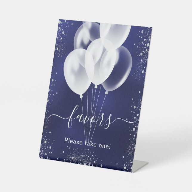 Navy blue silver glitter balloons favors guest pedestal sign (Front)